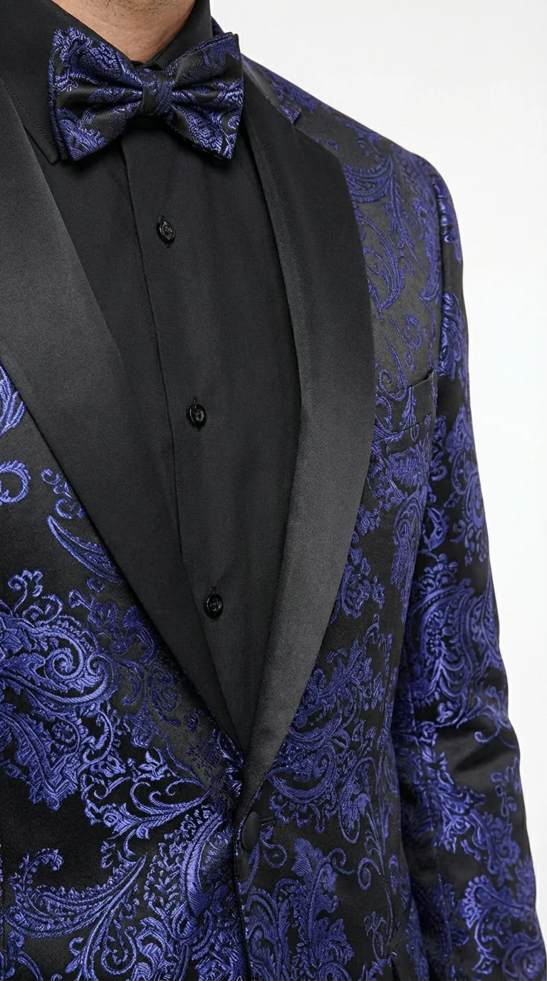 Mens Blue Paisley Jacquard Blazer – Luxury Pattern Tuxedo Dinner Jacket with Black Satin Lapel for Wedding, Prom With Bowtie - Image 13