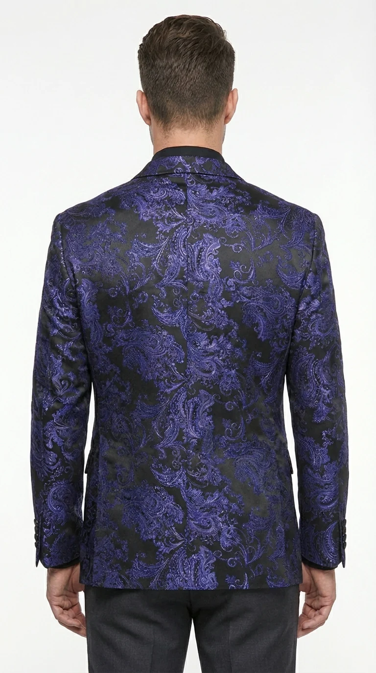 Mens Blue Paisley Jacquard Blazer – Luxury Pattern Tuxedo Dinner Jacket with Black Satin Lapel for Wedding, Prom With Bowtie - Image 2