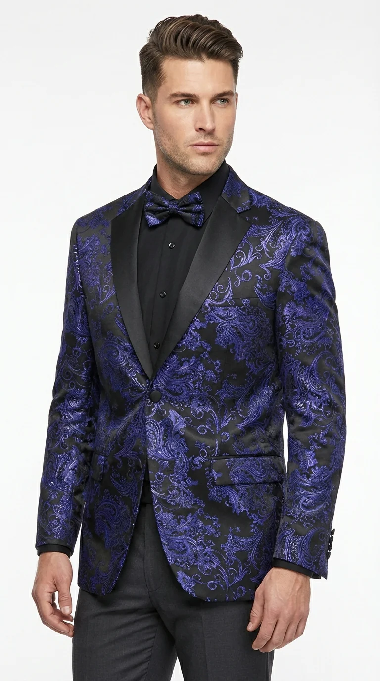 Mens Blue Paisley Jacquard Blazer – Luxury Pattern Tuxedo Dinner Jacket with Black Satin Lapel for Wedding, Prom With Bowtie - Image 3