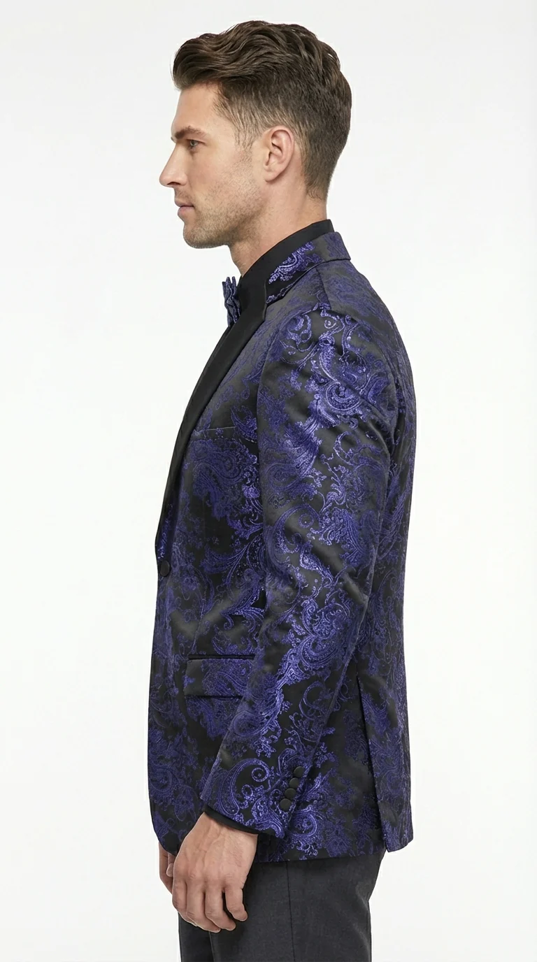 Mens Blue Paisley Jacquard Blazer – Luxury Pattern Tuxedo Dinner Jacket with Black Satin Lapel for Wedding, Prom With Bowtie - Image 4