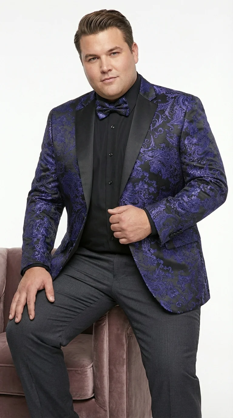 Mens Blue Paisley Jacquard Blazer – Luxury Pattern Tuxedo Dinner Jacket with Black Satin Lapel for Wedding, Prom With Bowtie - Image 6