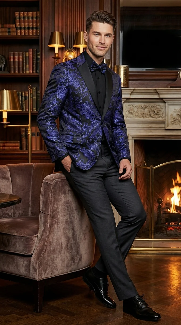 Mens Blue Paisley Jacquard Blazer – Luxury Pattern Tuxedo Dinner Jacket with Black Satin Lapel for Wedding, Prom With Bowtie - Image 7