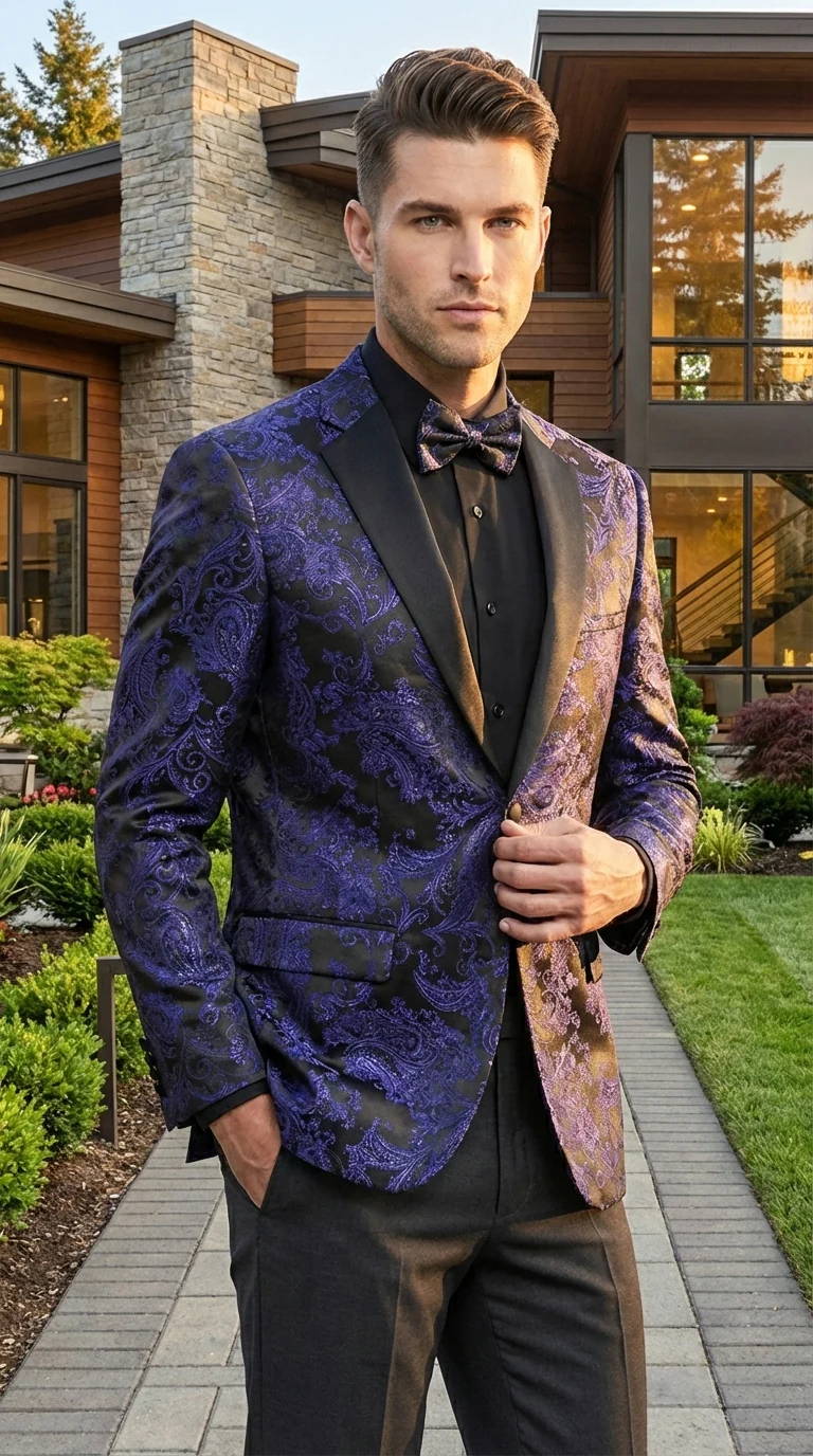 Mens Blue Paisley Jacquard Blazer – Luxury Pattern Tuxedo Dinner Jacket with Black Satin Lapel for Wedding, Prom With Bowtie - Image 8