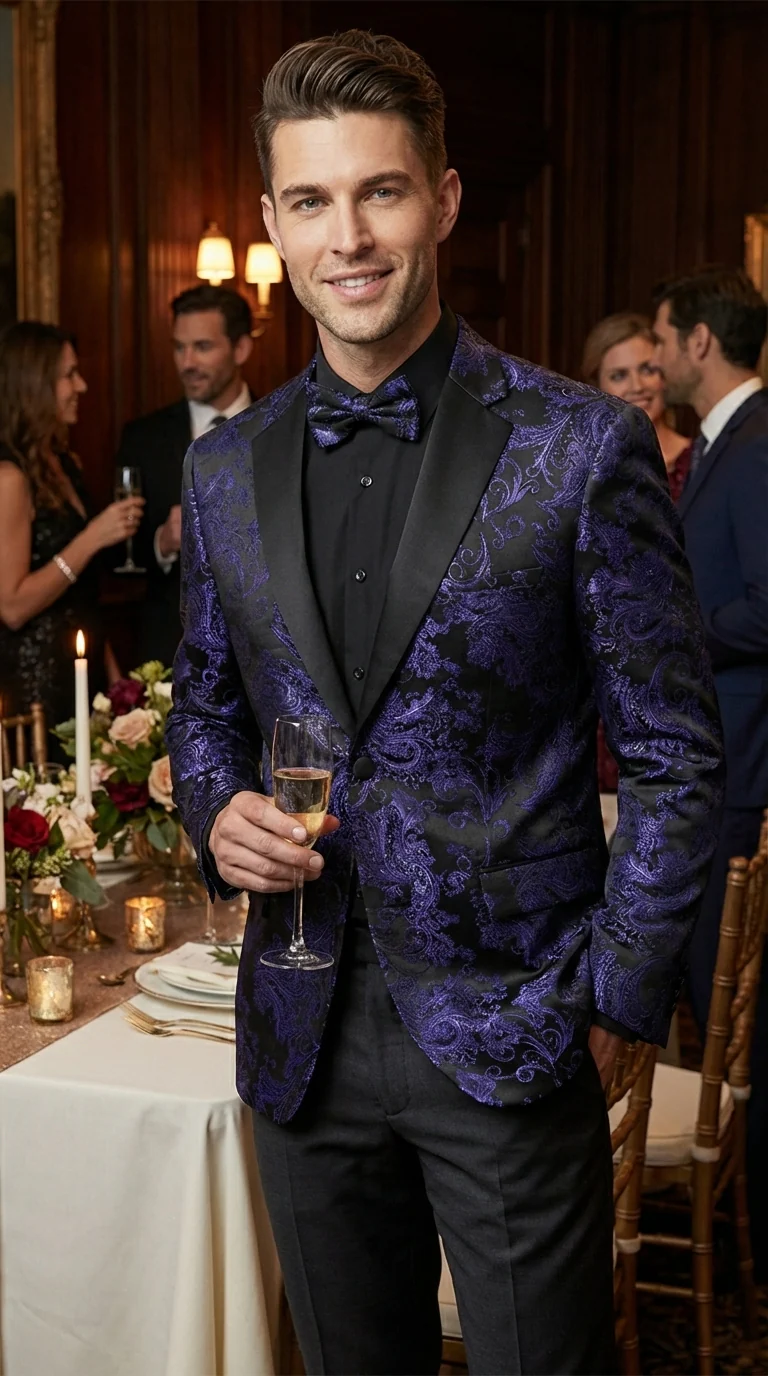Mens Blue Paisley Jacquard Blazer – Luxury Pattern Tuxedo Dinner Jacket with Black Satin Lapel for Wedding, Prom With Bowtie - Image 9