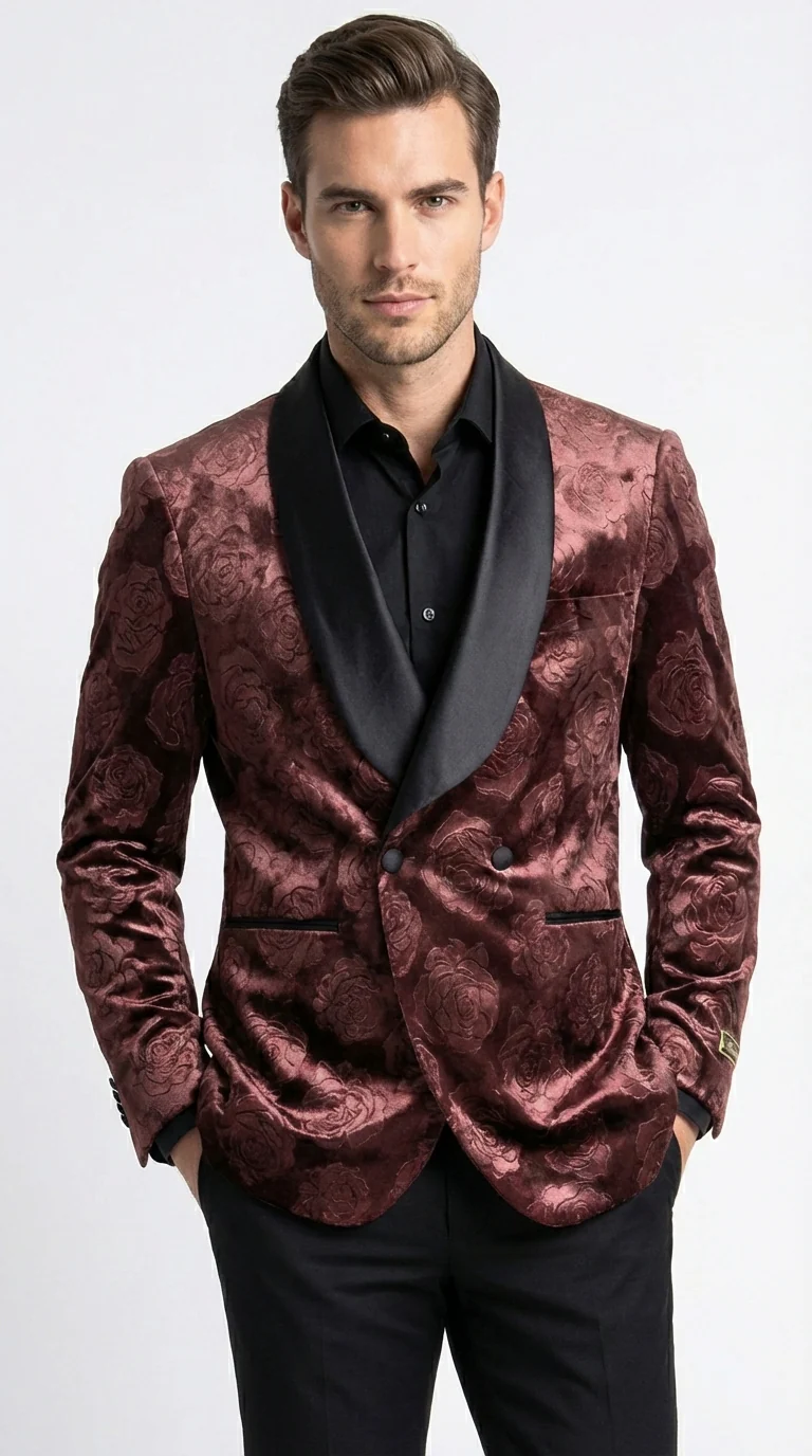 Mens Rust Copper Brick color Floral Jacquard Pasiley Blazer – Pattern Dinner Jacket with Black Shawl Lapel for Formal dinners and Wedding - Image 3