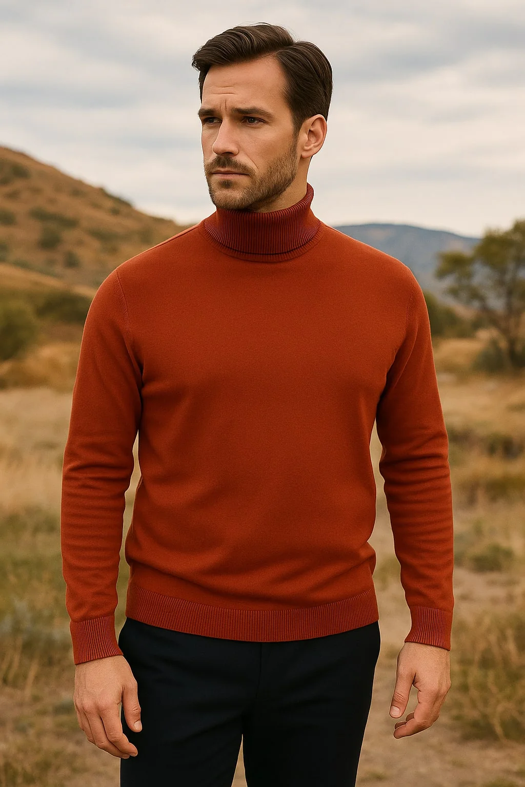 Mens Rust Red Turtleneck Sweater – Slim fit Lightweight Knit Pullover in Brick Color - Image 5