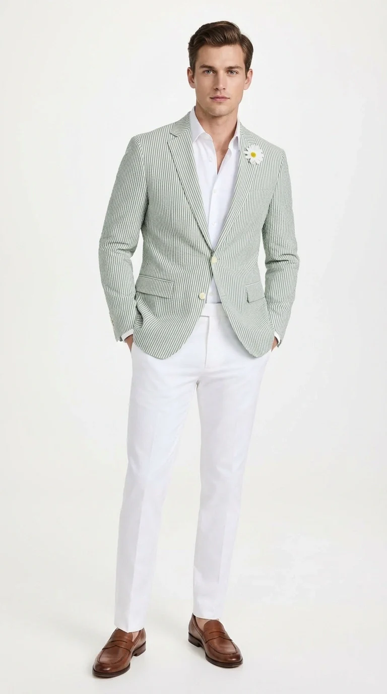 Mens Sage Green Seersucker Blazer – Lightweight Striped Summer Sport Coat Casual Smart Formal Jacket - Image 2