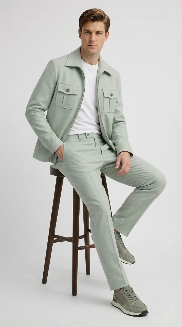 Mens Sage Green Walking Suit Set – Casual Safari Military Jacket and Pants Outfit for Travel - Image 10