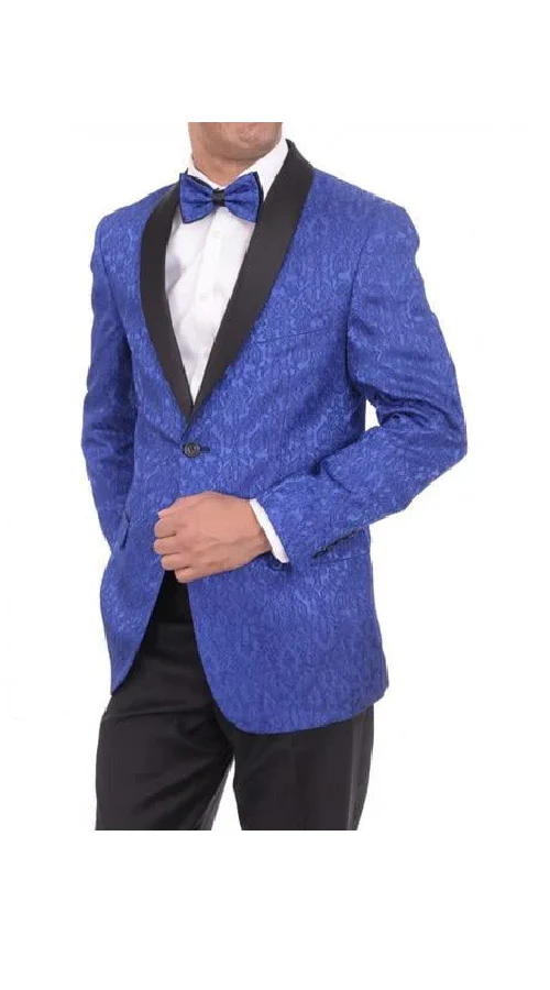 Men's Satin Shawl Lapel Blue 2 Buttons Floral Slim Fit Blazer Sport coat Paisley Royal Blue Tuxedo - Image 9