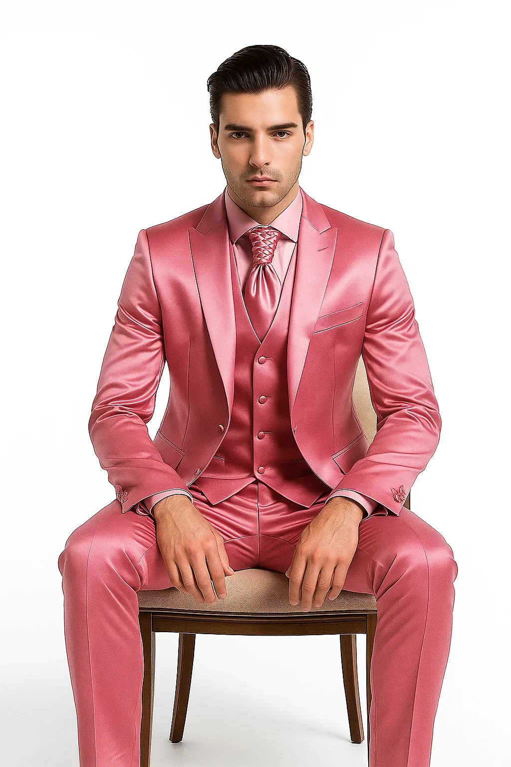 Mens Shiny Blazer - Rose Gold Sateen Vested Suit - Image 4