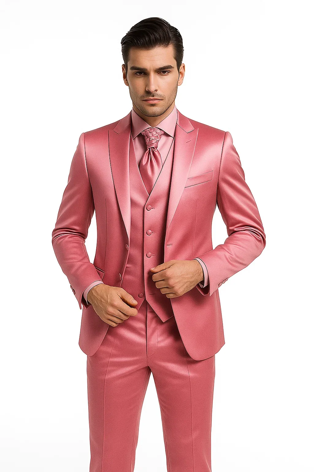 Mens Shiny Blazer - Rose Gold Sateen Vested Suit - Image 6