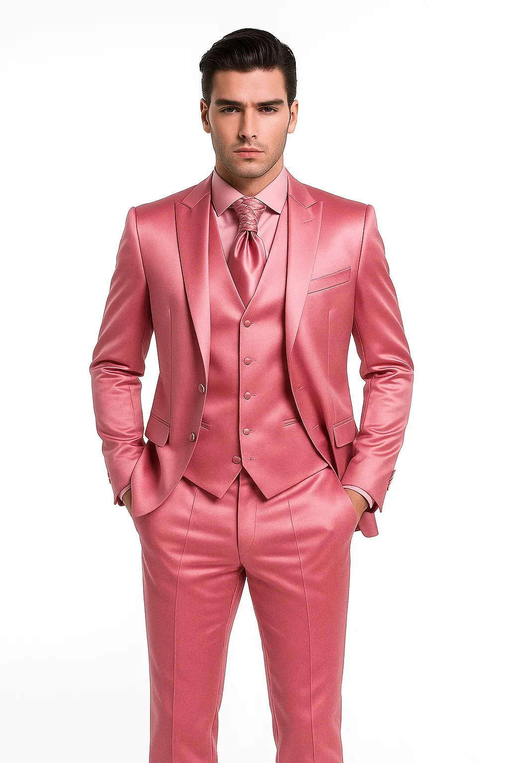 Mens Shiny Blazer - Rose Gold Sateen Vested Suit - Image 7