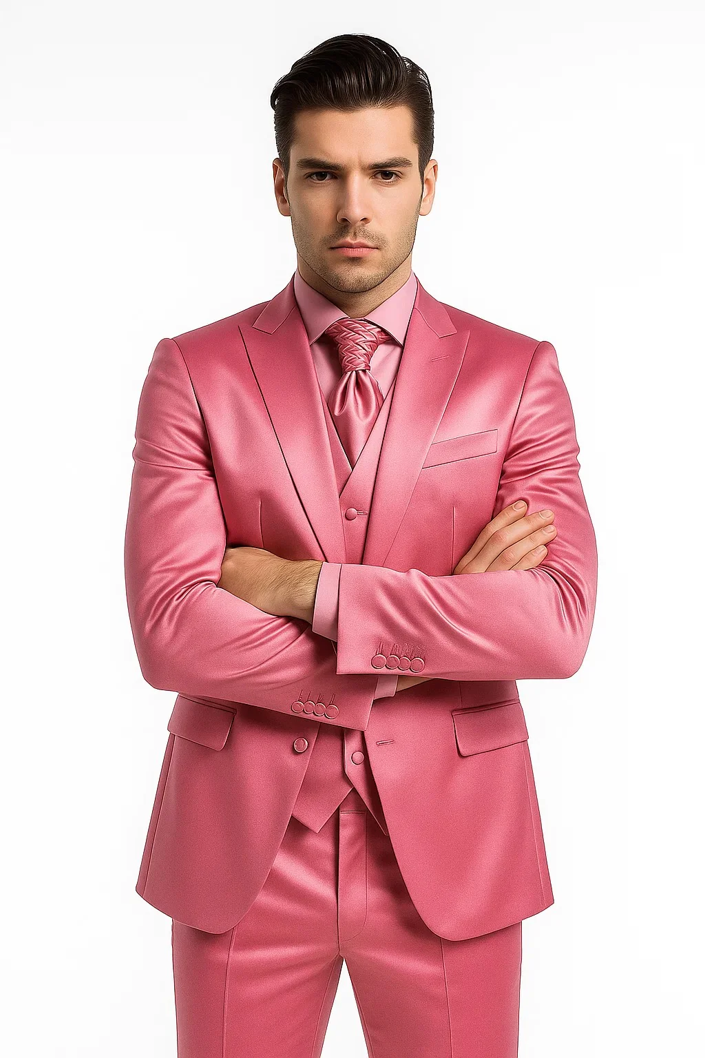 Mens Shiny Blazer - Rose Gold Sateen Vested Suit - Image 8