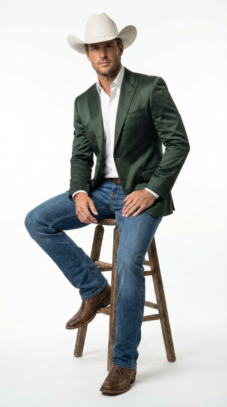 Mens Shiny Dark Green Cowboy Blazer – Western Style Satin Finish Blazer for Party, Country Hunter Color - Image 4