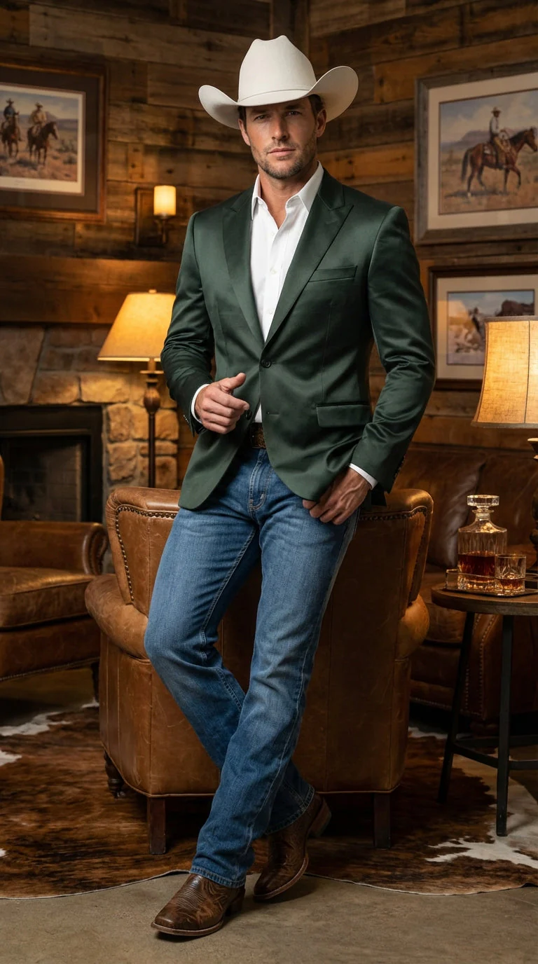 Mens Shiny Dark Green Cowboy Blazer – Western Style Satin Finish Blazer for Party, Country Hunter Color - Image 9