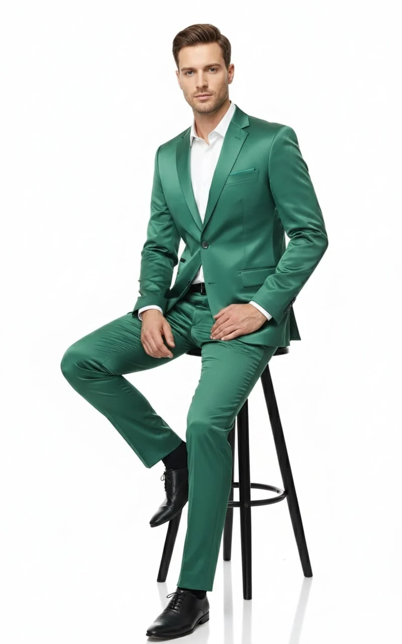 Mens Shiny emerald Green Sateen 2-Piece Slim Fit Suit – Formal Blazer and Pants Set Prom Wedding - Image 4