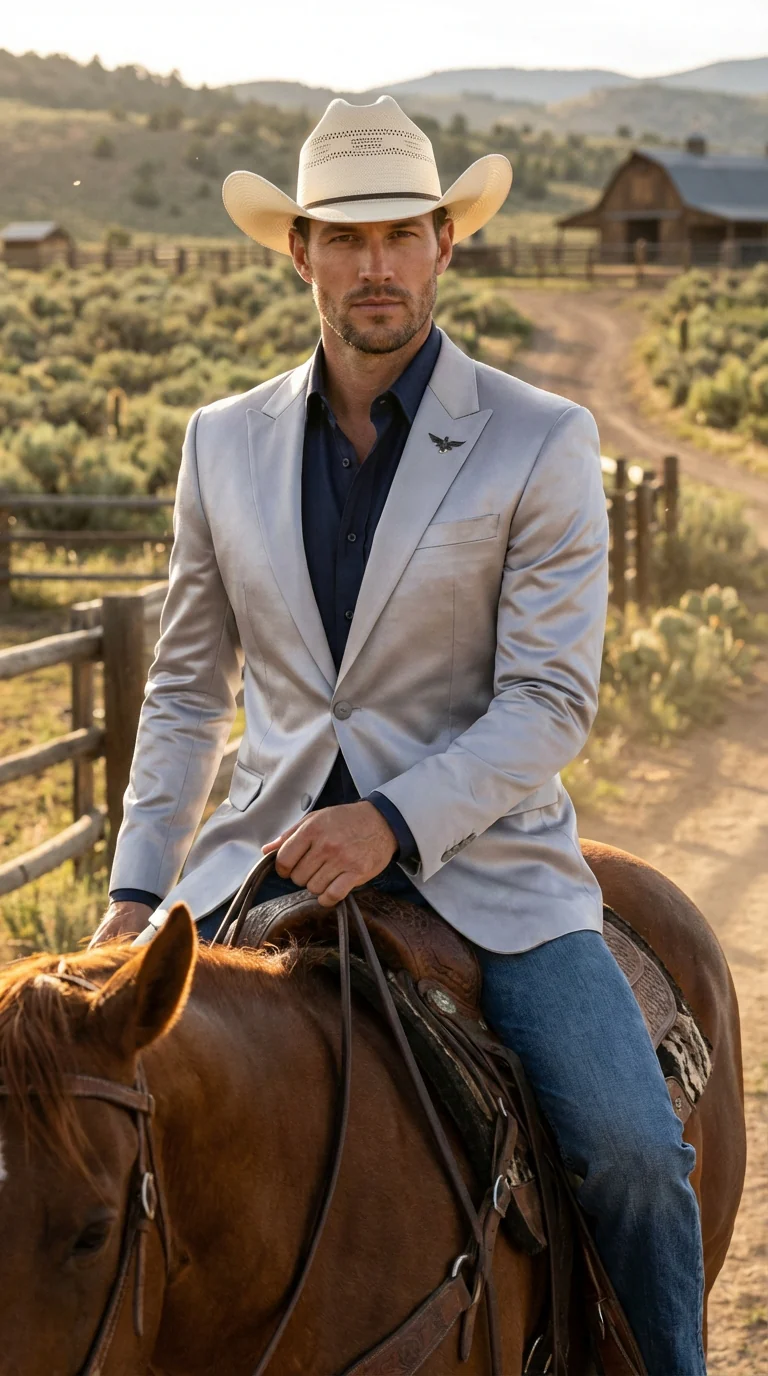 Mens Shiny Silver Cowboy Blazer – Western Style Satin Finish Blazer for Party, Country Events and Evening Wear - Image 10