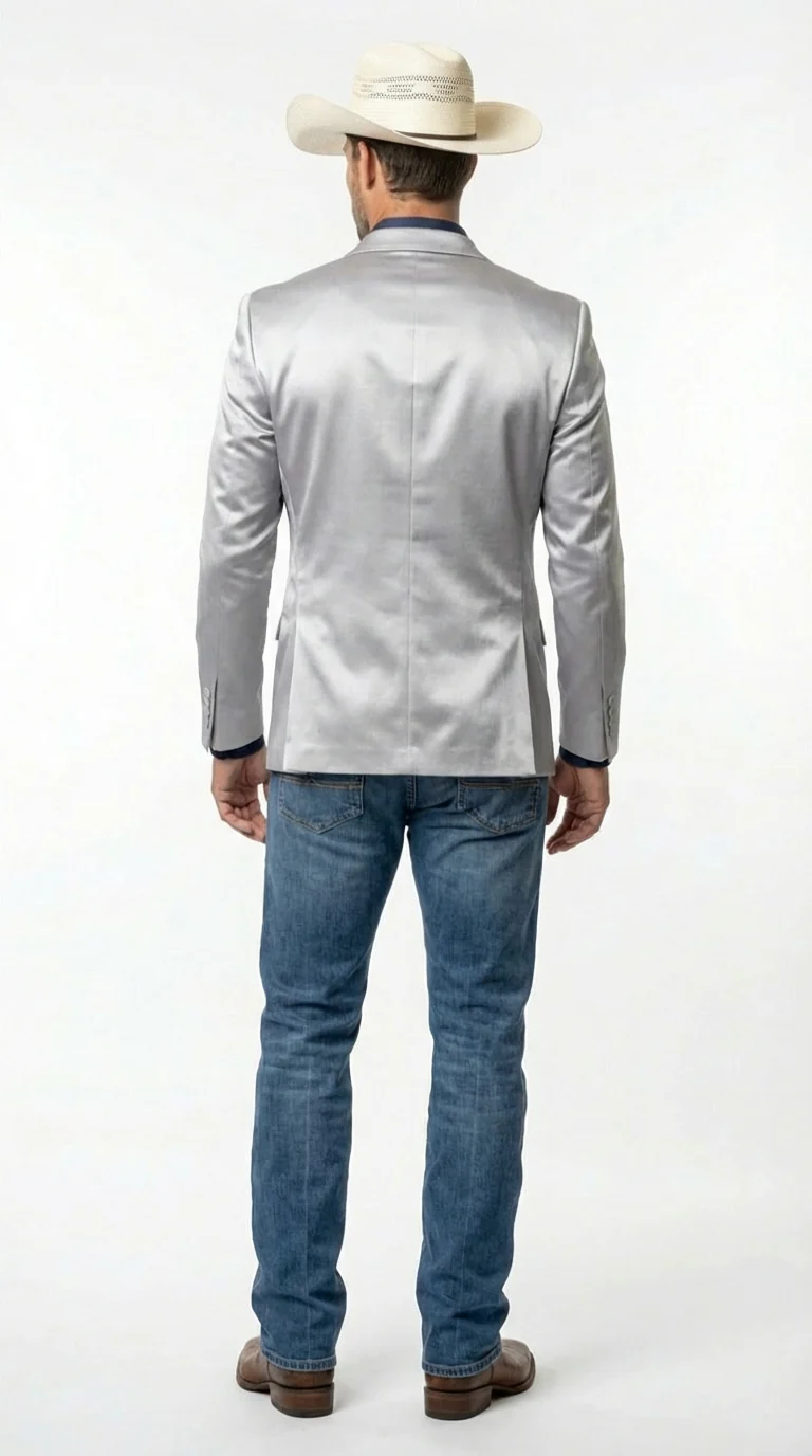 Mens Shiny Silver Cowboy Blazer – Western Style Satin Finish Blazer for Party, Country Events and Evening Wear - Image 2