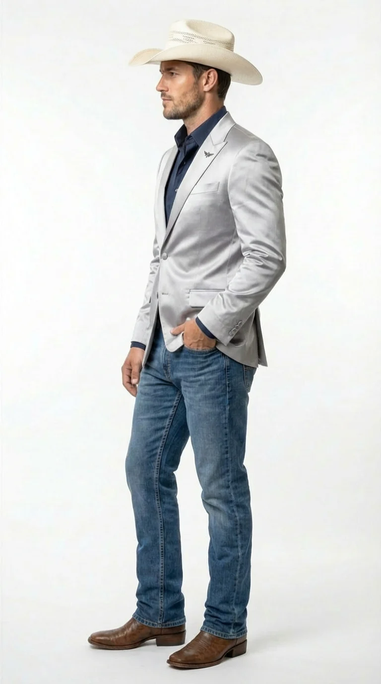 Mens Shiny Silver Cowboy Blazer – Western Style Satin Finish Blazer for Party, Country Events and Evening Wear - Image 3