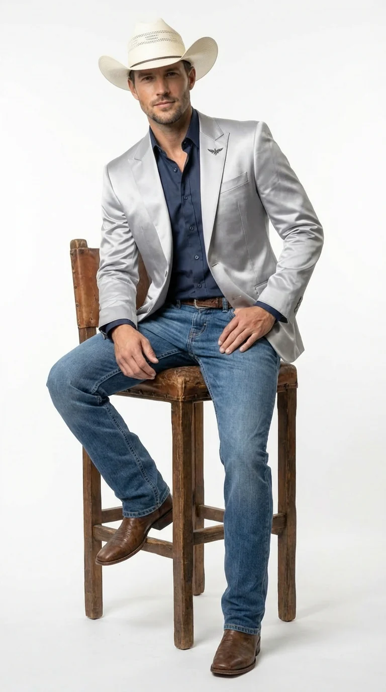 Mens Shiny Silver Cowboy Blazer – Western Style Satin Finish Blazer for Party, Country Events and Evening Wear - Image 4