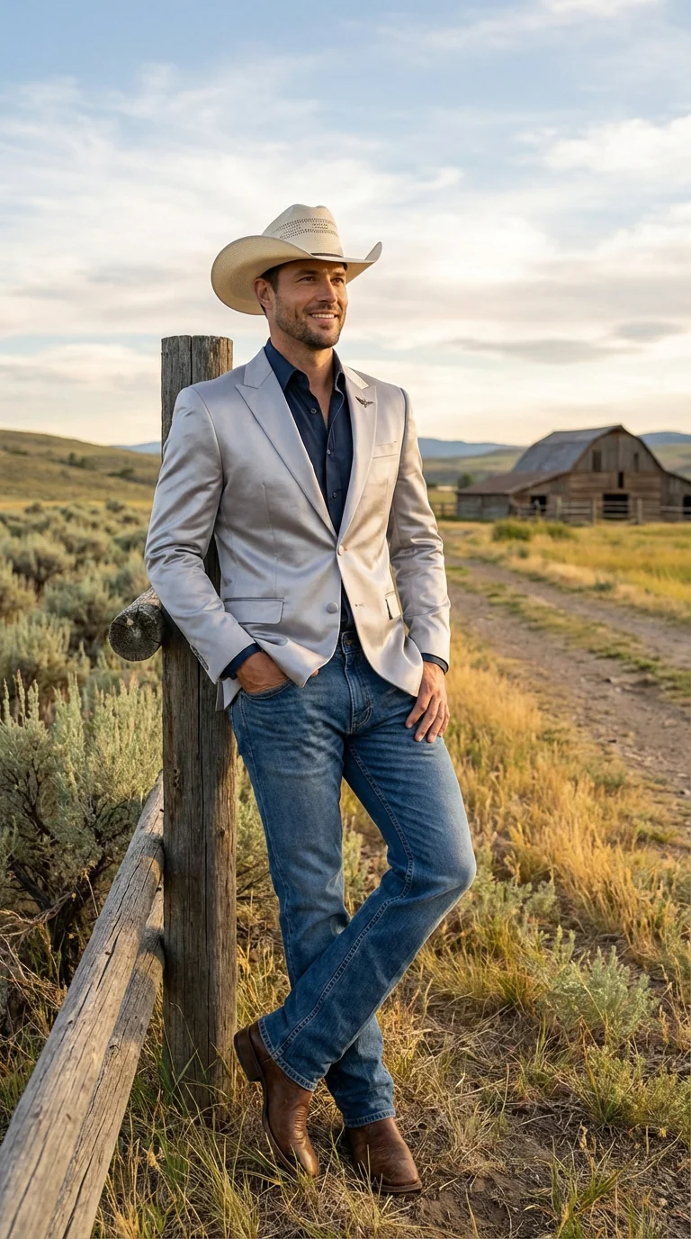 Mens Shiny Silver Cowboy Blazer – Western Style Satin Finish Blazer for Party, Country Events and Evening Wear - Image 8
