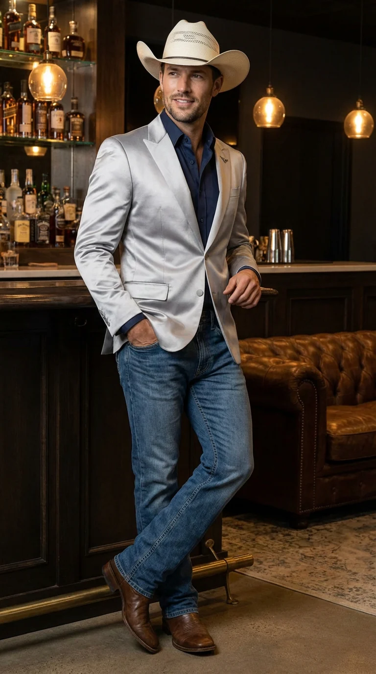 Mens Shiny Silver Cowboy Blazer – Western Style Satin Finish Blazer for Party, Country Events and Evening Wear - Image 9