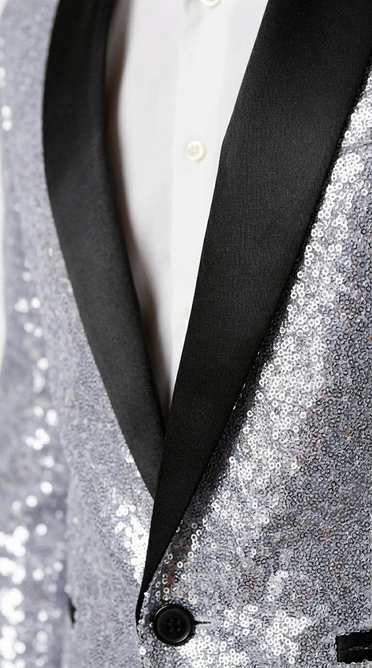Mens Silver Grey Sequin Tuxedo Suit – Shiny Wedding Suit Set with Black Lapel for Prom, Party, Gala and Formal Evening Wear - Image 3