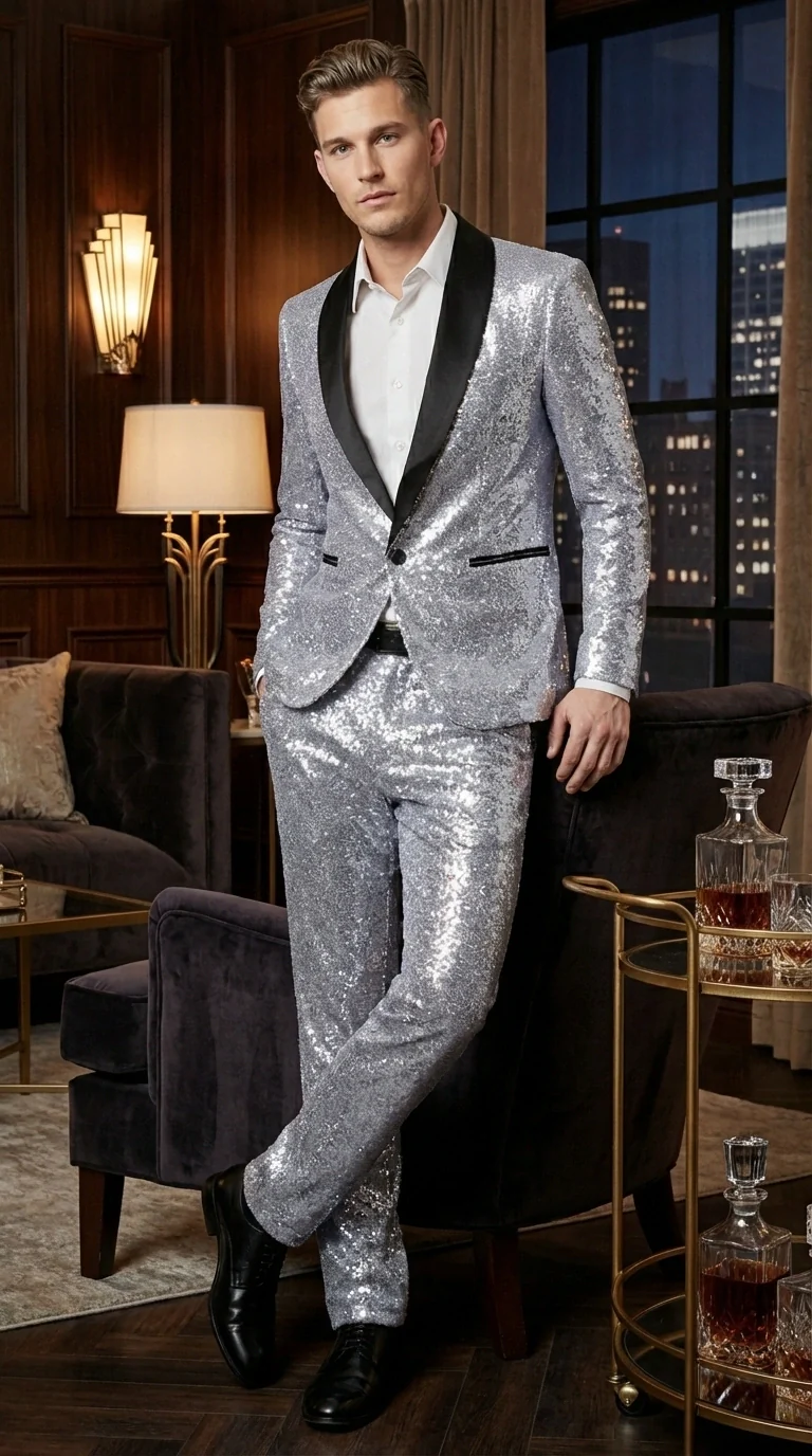 Mens Silver Grey Sequin Tuxedo Suit – Shiny Wedding Suit Set with Black Lapel for Prom, Party, Gala and Formal Evening Wear - Image 8