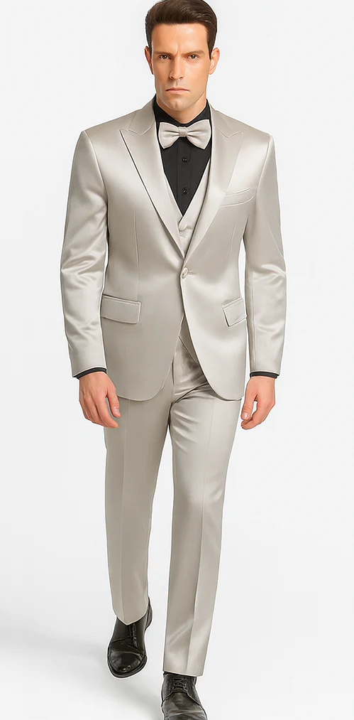 Men's Silver Satin Slim Fit Tazzio 3 Piece Suit with Double Breasted Vest and Peak Lapel Jacket - Image 5