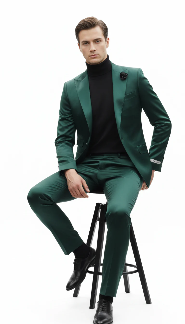 Mens Single Breast Green Sateen Shiny Fabric Metallic Fabric - Sharskin Suit - Image 4