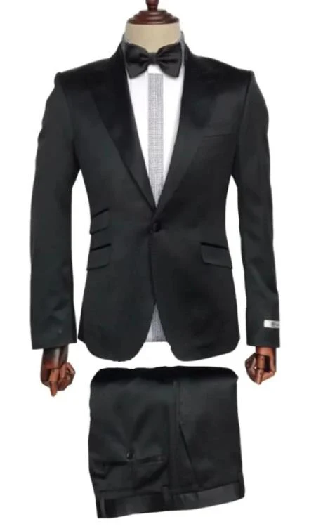 Mens Single Breast Suit Black - Sateen Shiny Fabric Metallic Fabric - Sharskin