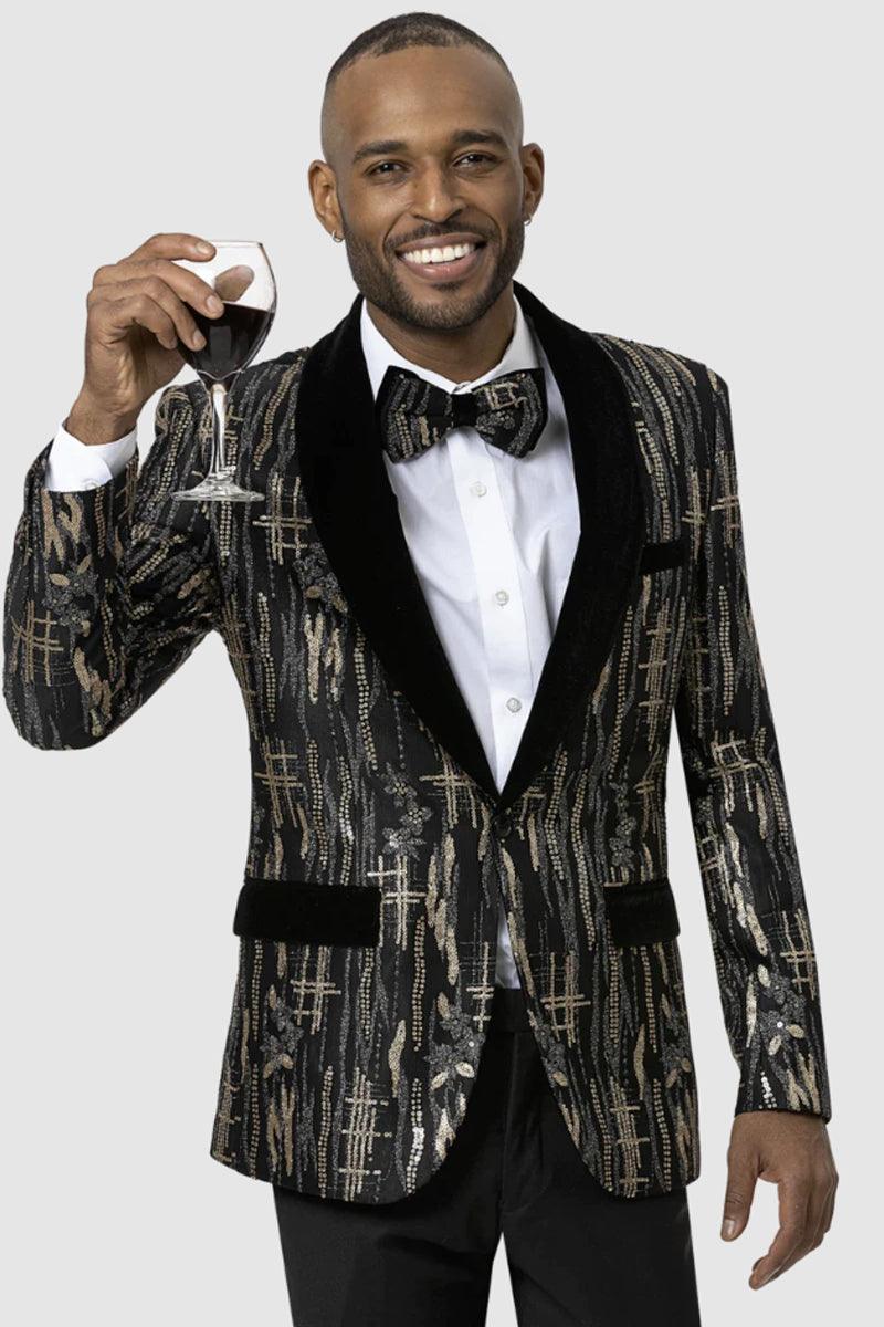 EJ Samuel Men's Slim Black & Gold Tuxedo Jacket with Velvet Lapel