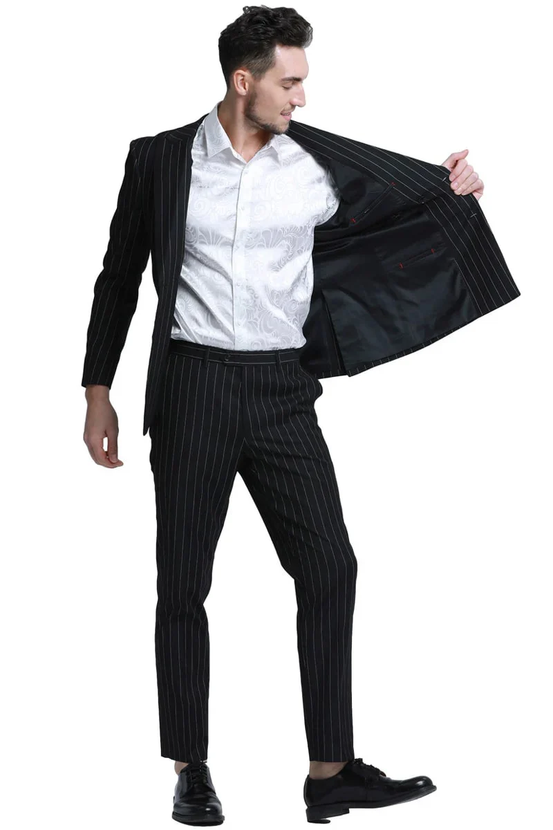 Men's Slim Fit Double Breasted Bold Gangster Pinstripe Suit In Black - Image 3