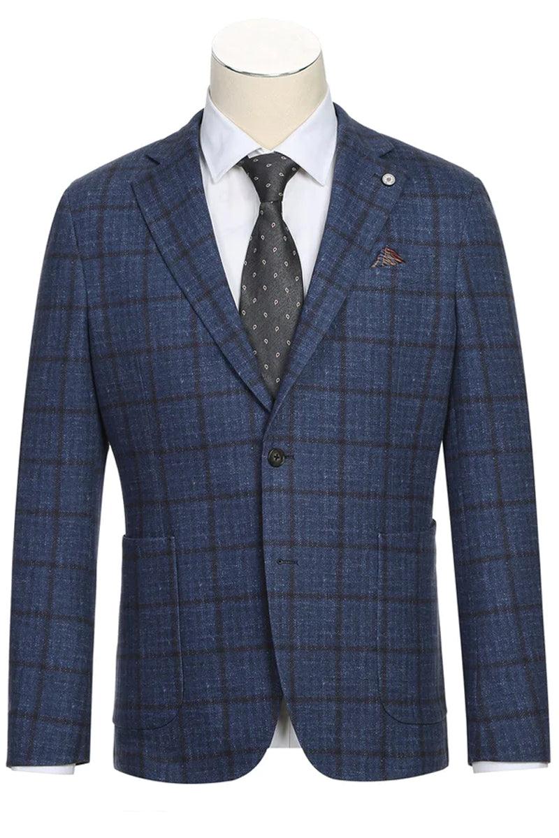 Pelago Navy Blazer: Mens Slim-Fit Windowpane Plaid Half-Canvas Cotton Jacket