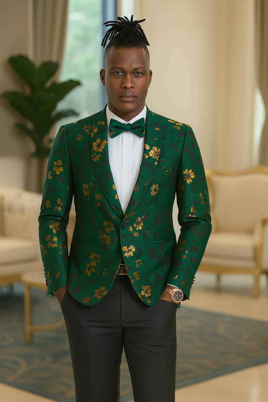 Men's slim fit hunter green and gold paisley prom and wedding tuxedo jacket - Image 3