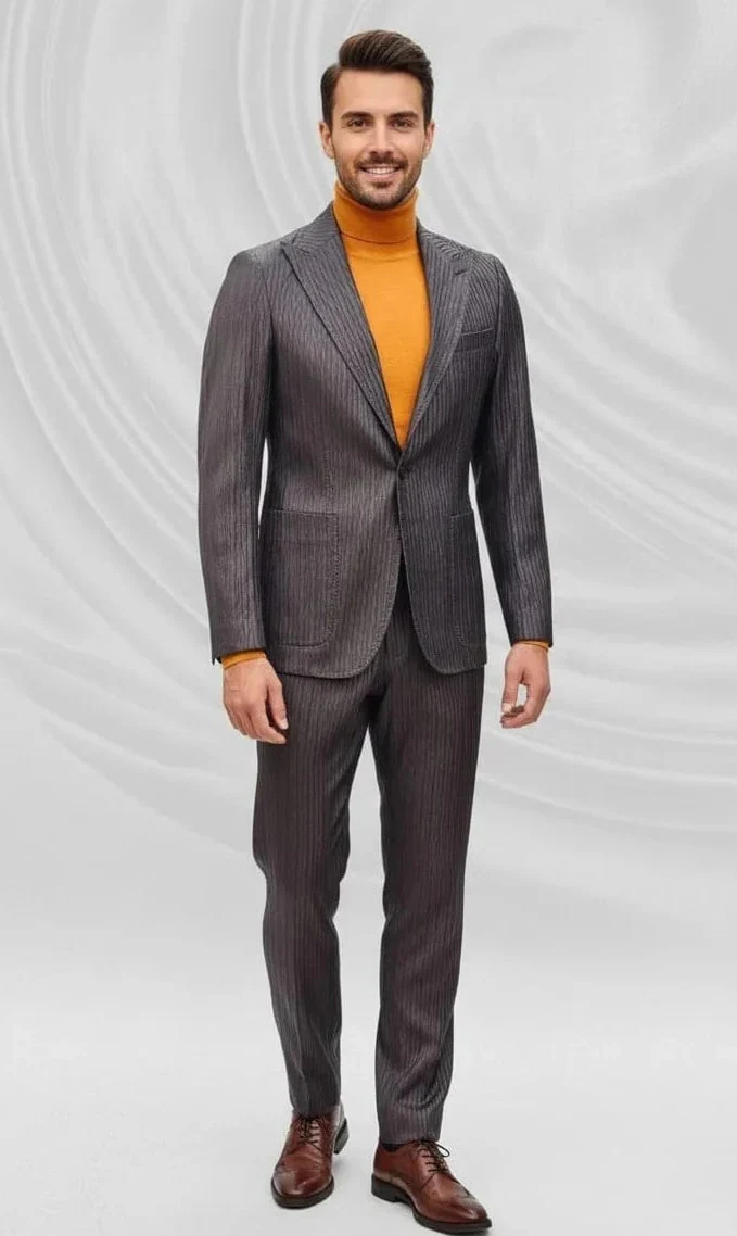 Mens Slim Fit One Button Peak Lapel Suit Brown - Image 2