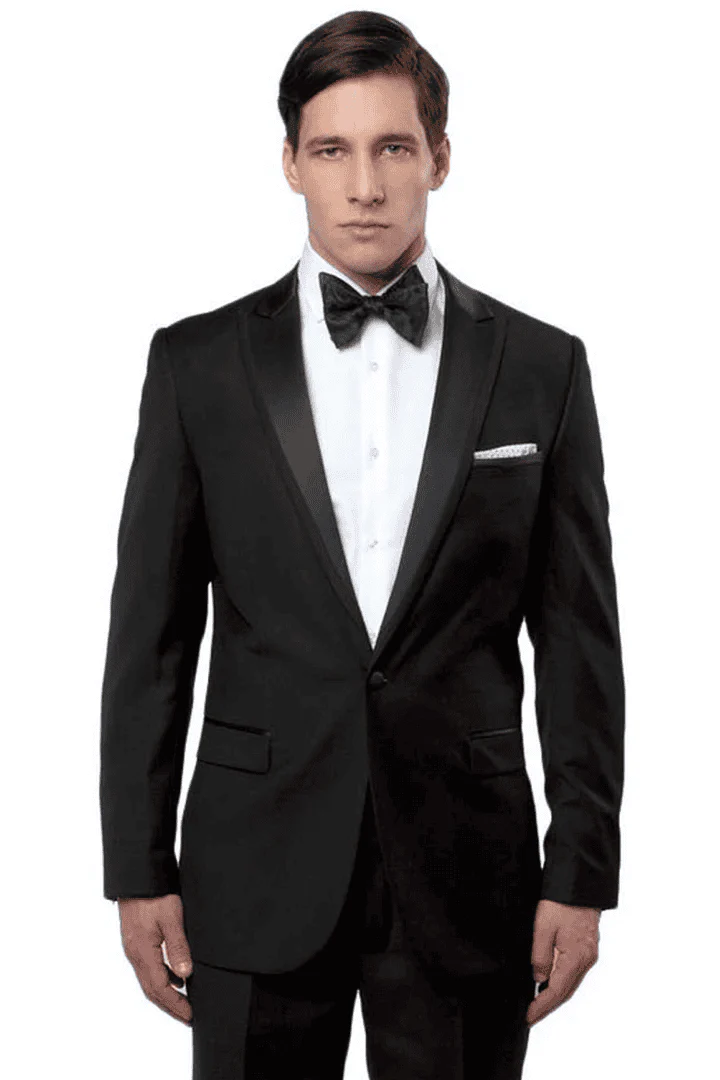 Men's Slim Fit One Button Satin Trim Peak Lapel Prom & Wedding Tuxedo In Black - Image 2