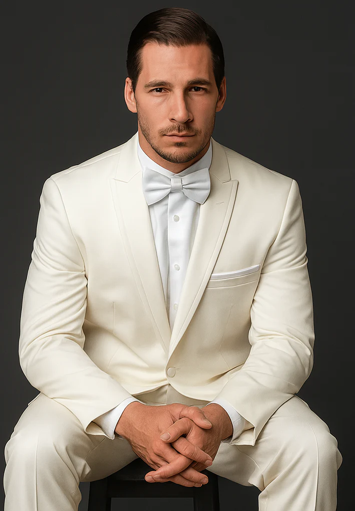 Men's Slim Fit One Button Satin Trim Peak Lapel Prom & Wedding Tuxedo In Ivory - Image 10