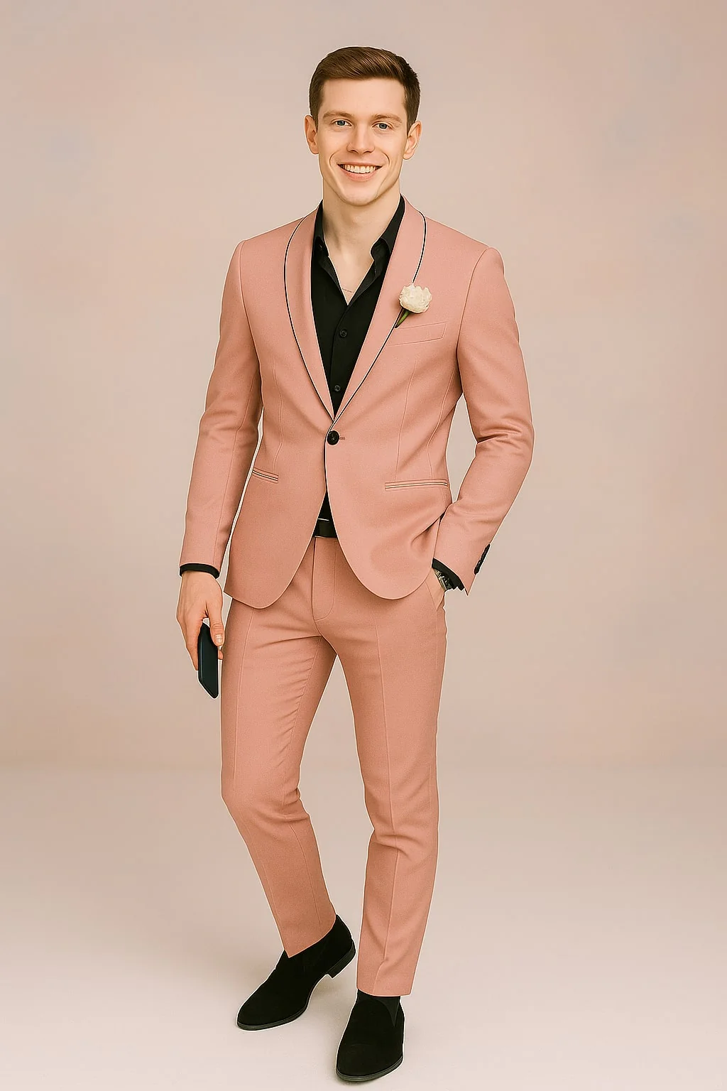 Mens Slim Fit Pink Tuxedo Suit with Black Trim – Modern Wedding and Prom Outfit in Rose Gold Blush Color - Image 3