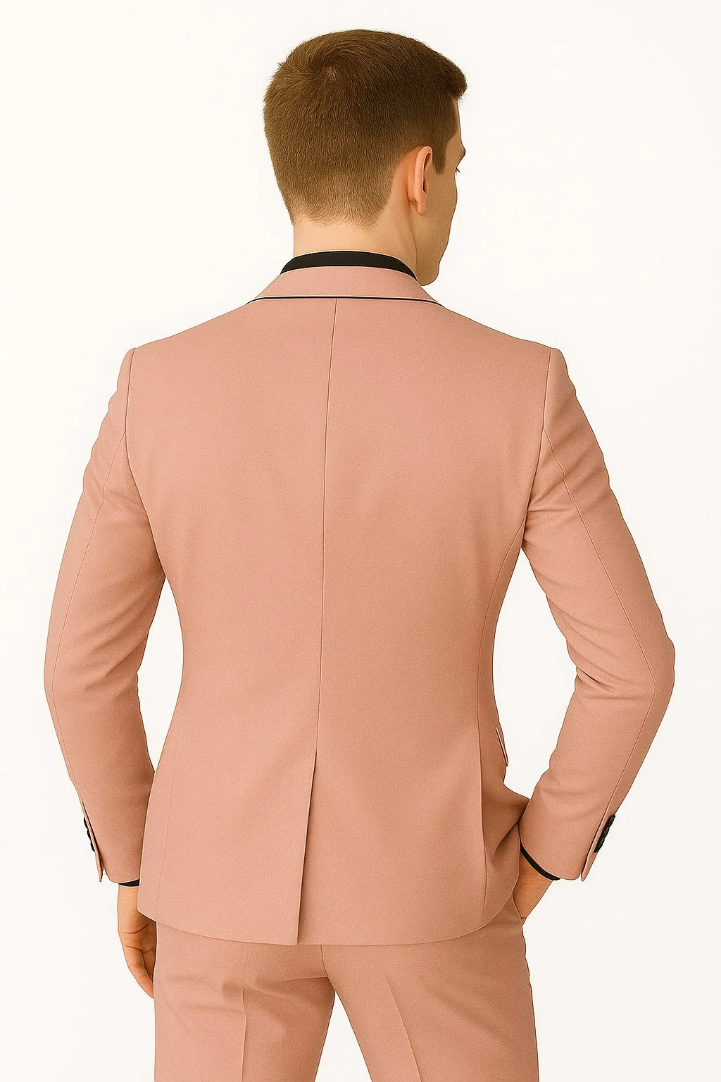 Mens Slim Fit Pink Tuxedo Suit with Black Trim – Modern Wedding and Prom Outfit in Rose Gold Blush Color - Image 4