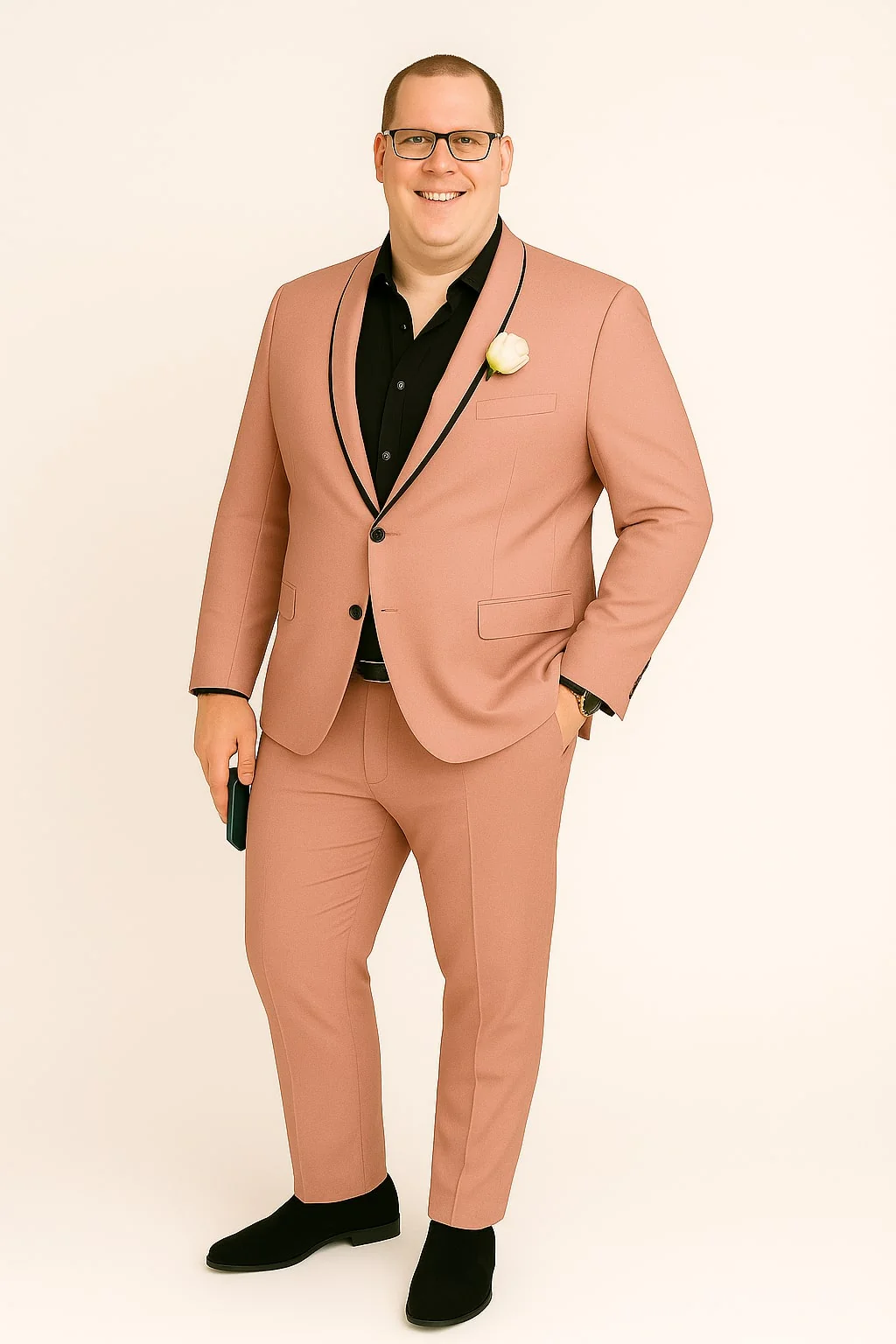 Mens Slim Fit Pink Tuxedo Suit with Black Trim – Modern Wedding and Prom Outfit in Rose Gold Blush Color - Image 5
