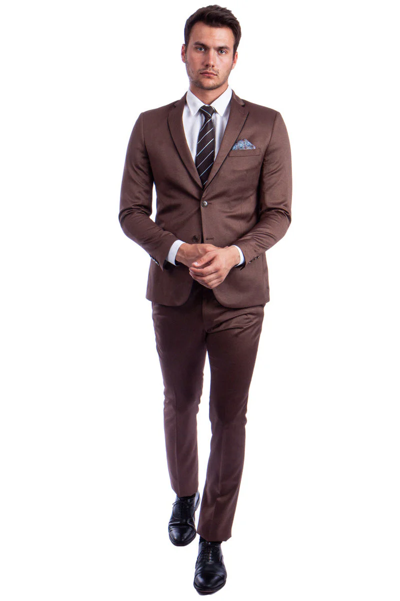 "Sharkskin Slim Fit Men's Suit - Two Button, Light Brown Cognac, Black Lapel Trim" - Image 2