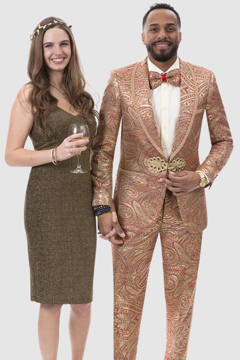 Mens Slim-Fit Burgundy Paisley Tuxedo with Gold Trim by EJ Samuel