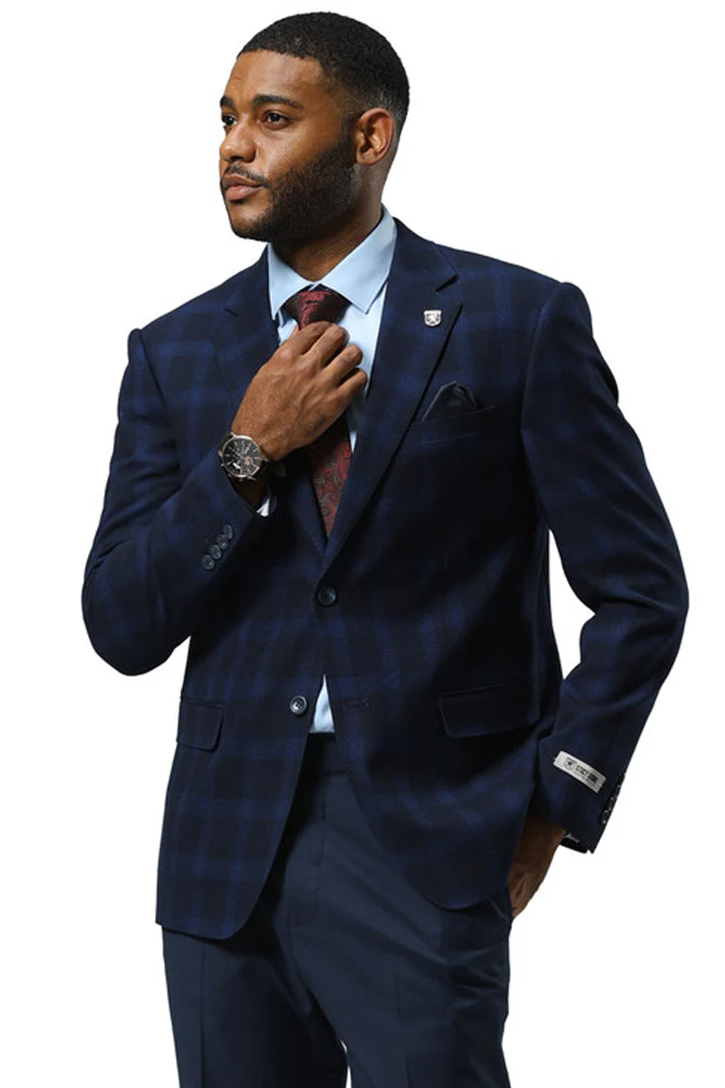 Men's Stacy Adams Modern Fit Business Sport Coat Blazer in Dark Navy Blue Plaid