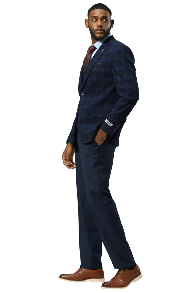 Men's Stacy Adams Modern Fit Business Sport Coat Blazer in Dark Navy Blue Plaid - Image 2