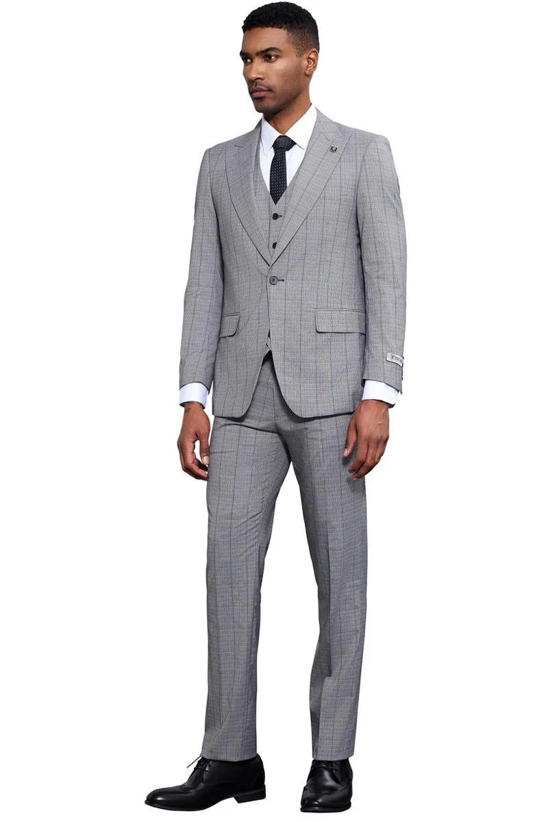 Men's Stacy Adams Modern Fit Vested Tonal Windowpane Plaid Suit in Light Grey - Image 2