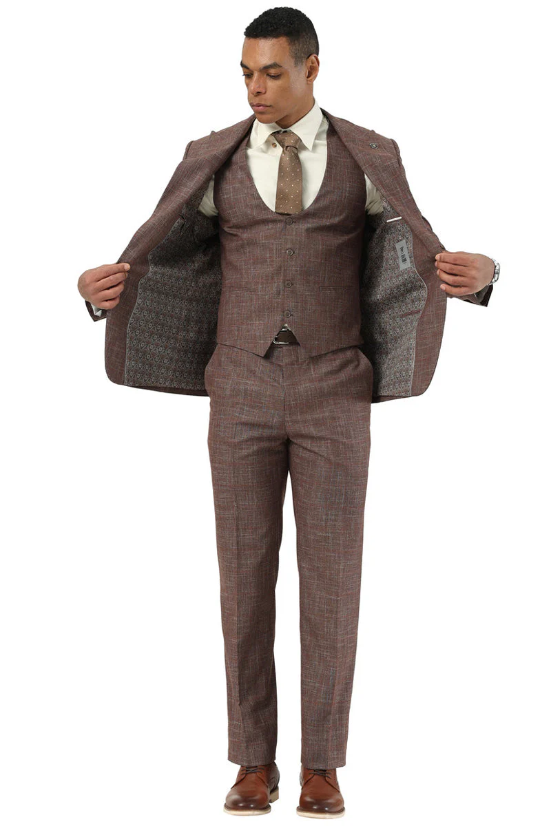Men's Stacy Adams One Button Peak Lapel Vested Suit in Brown Sharkskin Windowpane - Image 2