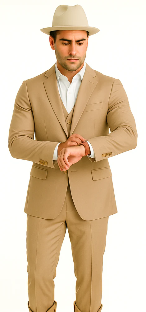 Mens Stacy Adams Suit - Designer Suit - 3 Piece Suit - Vested Suit - Flat Front Pant- Modern Fit Suits Tan Suit - Image 8