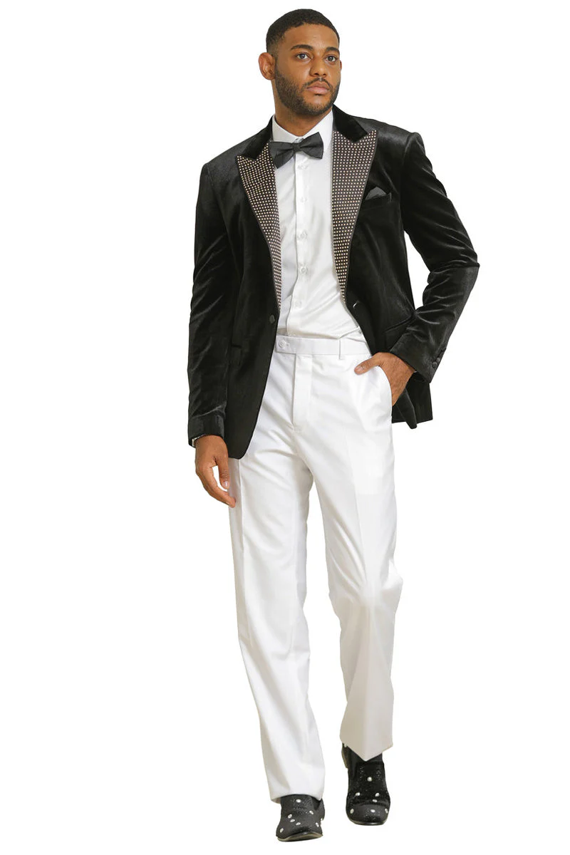 Men's Stacy Adams Velvet Wedding & Prom Tuxedo Jacket With Rhinestone Adorned Lapel in Black - Image 3