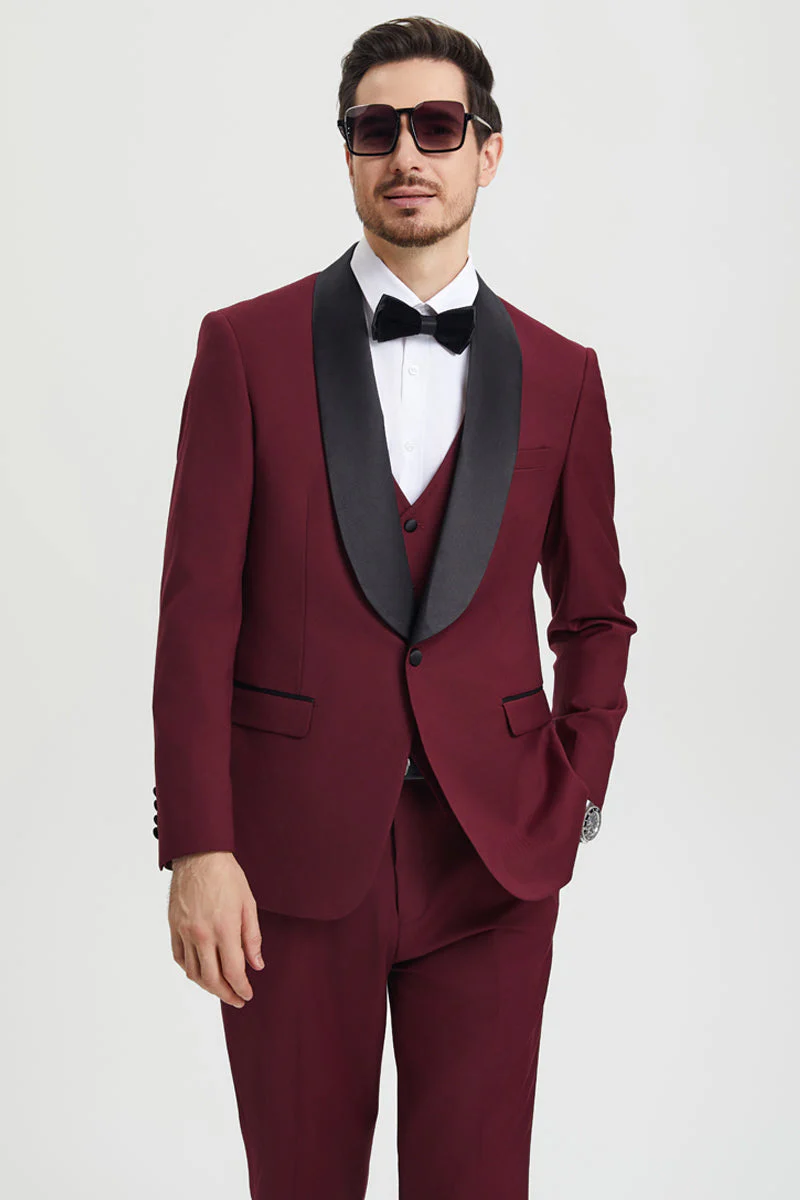 Men's Stacy Adams Vested One Button Shawl Lapel Designer Tuxedo in Burgundy - Image 5